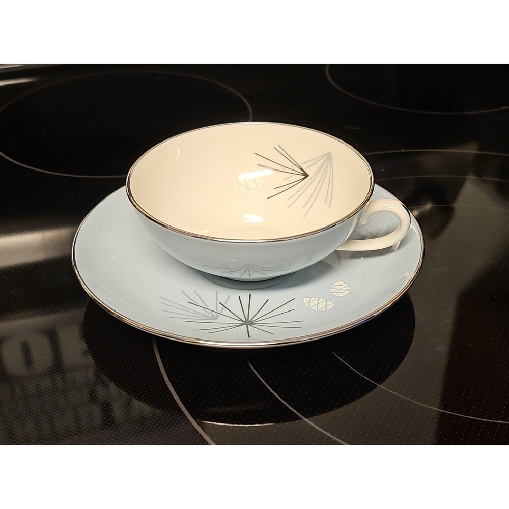 Vintage MCM Franciscan Silver Pine Tea Cup & Saucer Set Atomic Pine Near Mint
